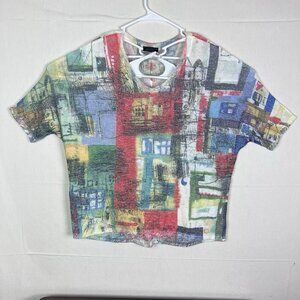 Inoah Brand Size Large Womens Shirt‎ Abstract Rayon Blend V-neck Short Sleeve